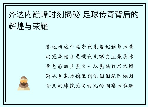 齐达内巅峰时刻揭秘 足球传奇背后的辉煌与荣耀