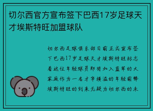 切尔西官方宣布签下巴西17岁足球天才埃斯特旺加盟球队