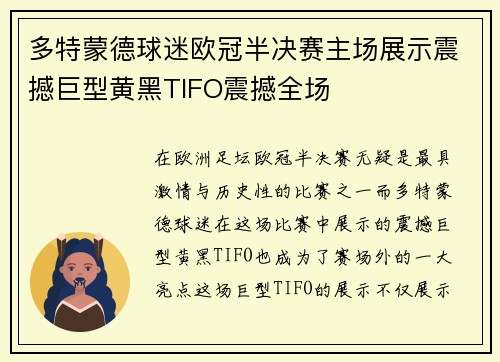 多特蒙德球迷欧冠半决赛主场展示震撼巨型黄黑TIFO震撼全场