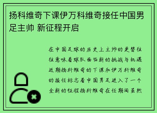 扬科维奇下课伊万科维奇接任中国男足主帅 新征程开启